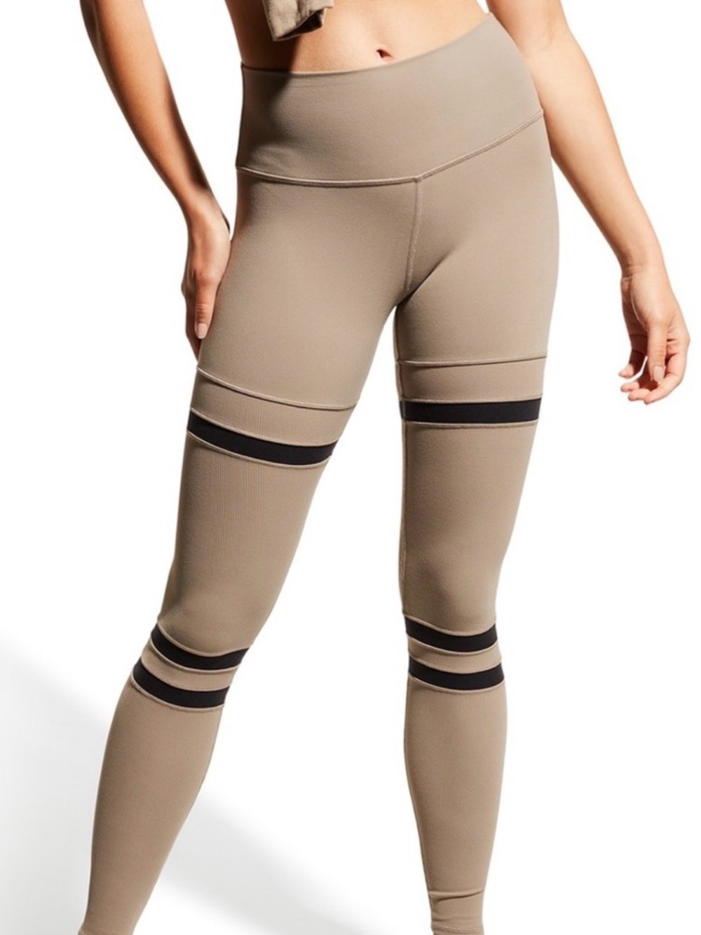 ALO Yoga Taupe Leggings with Black Stripe Accents